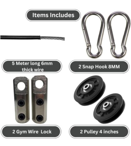 Gym Machine Cable Wire (6mm) with Locking Accessories – 4" Pulley Wheels, Wire Locks & Snap Hooks (Black Wire, 5 Meter